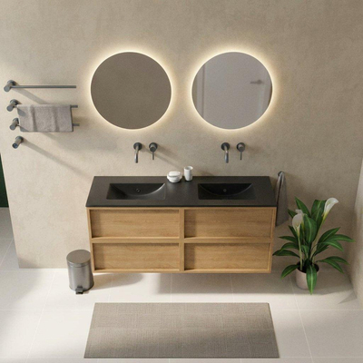 Saniclass Holz Frame Ensemble meuble de salle de bains - 140x45x62cm - lavabo Vygo en céramique noir - 2 vasques - sans trous de robinetterie - 4 tiroirs - chêne natural mat (bois)