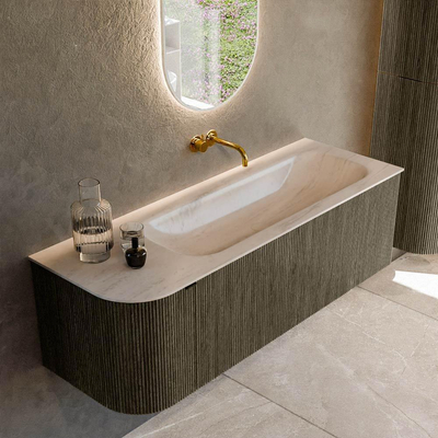 MONDIAZ KURVE-DLUX Meuble de salle de bains 135cm arrondi à gauche couleur Shadow avec 1 tiroir et 1 porte. Lavabo BIG MEDIUM à droite sans trou de robinet Meli.