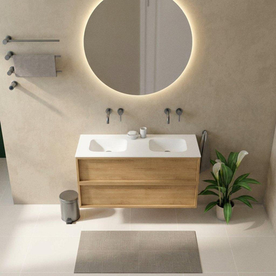 Saniclass Holz Frame Ensemble de meuble de salle de bains - 120x45x61.5cm - Flow lavabo en Solid Surface blanc - 2 vasques - sans trous de robinet - 2 tiroirs - chêne natural mat (bois)
