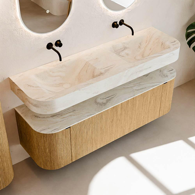 MONDIAZ THOR-DLUX 150cm badmeubel ronding links + rechts kleur Oak met 1 lade en 2 deuren. Vrijhangende wastafel CLOUD Dubbel zonder kraangat kleur Ostra.