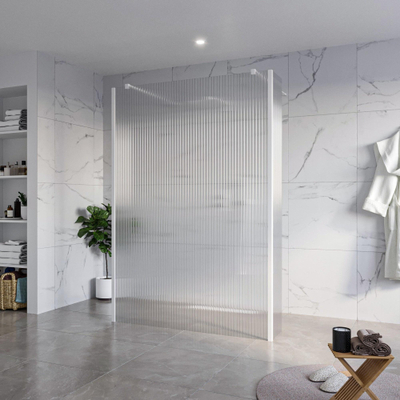 FugaFlow Eccelente Vetro Douche à l'italienne - 140x200cm - verre clair nervuré - anticalcaire - verre de sécurité 8mm - 2 parois latérales 30cm - avec bras muraux et profilés d'angle - Blanc mat