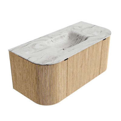 MONDIAZ KURVE-DLUX 100cm badmeubel met module 25 Len R kleur Oak met 1 lade en 2 deuren. Wastafel GRUNNE midden zonder kraangat kleur Glace.