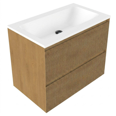 Saniclass Holz Atelier Ensemble de meubles de salle de bains - 80x45x77,5cm - lavabo Torino en solid surface blanc - sans trou de robinetterie - 2 tiroirs - chêne naturel mat (bois)