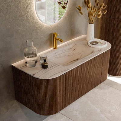MONDIAZ KURVE-DLUX 110cm badmeubel ronding Links + Rechts kleur Walnut met 1 lade en 2 deuren. Wastafel CLOUD Midden 1 kraangat Nata.