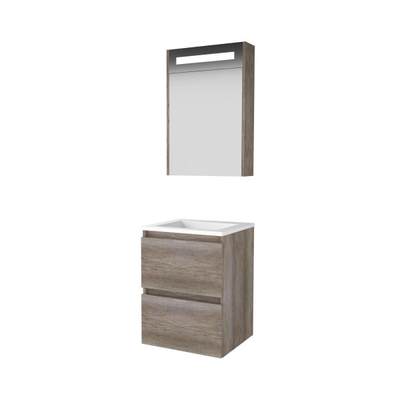Basic-Line Premium 46 ensemble de meubles de salle de bain 50x46cm sans poignée 2 tiroirs lavabo acrylique 0 trous de robinetterie armoire de toilette éclairage led intégré mfc scotch oak