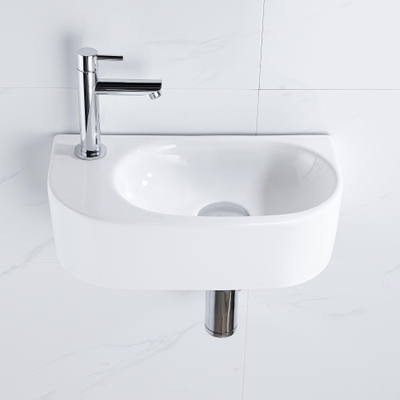 QeramiQ Fuente Ensemble de lavabo - 40x21.5x12cm - gauche - lisse - demi-rond - 1 trou de robinet - céramique - robinet de lavabo chrome - bouchon de vidange - siphon abaissé - blanc brillant