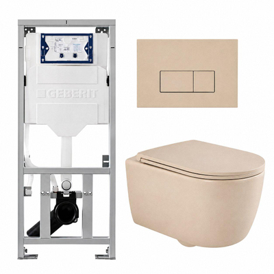 QeramiQ Dely Swirl Pack WC suspendu - 36.3x51.7cm - bâti-support Geberit UP320 - abattant slim - plaque de commande beige - boutons rectangulaires - beige