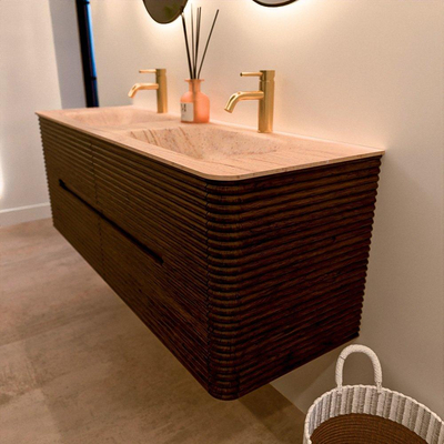 Mondiaz CIRO-DLUX Badkamermeubelset - 140x45x50cm - Solid surface wastafel Saba - 2 wasbak Dubbel - 2 kraangaten - 4 lades - Walnut