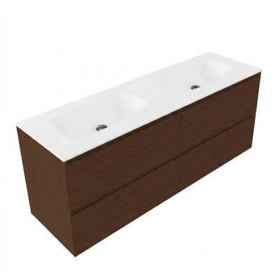 Saniclass Holz Pure Ensemble de meubles de salle de bains - 160x45x61.5cm - Flow lavabo en solid surface blanc - 2 vasques - sans trous de robinetterie - 4 tiroirs - walnut pure mat (bois)