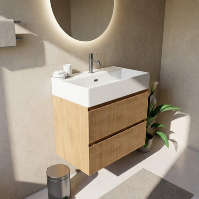 Saniclass Holz Atelier Ensemble meuble de salle de bains - 80x45x72cm - lavabo Legend en céramique blanc - 1 vasque - 1 trou de robinetterie - 2 tiroirs - chêne natural mat (bois)