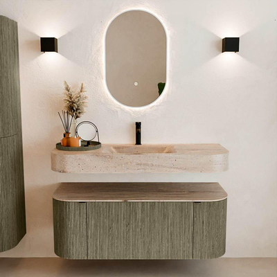 MONDIAZ THOR-DLUX 120cm meuble de salle de bains arrondi gauche + droite couleur Shadow avec 1 tiroir et 2 portes. Vasque suspendue CLOUD Milieu 1 trou de robinet couleur Saba.