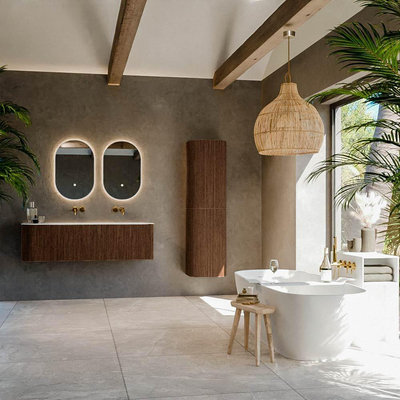 MONDIAZ KURVE-DLUX meuble de salle de bains 145 cm avec module 25 L couleur Walnut avec 1 tiroir et 1 porte. Lavabo BIG LARGE à droite sans trou de robinet couleur Opalo.