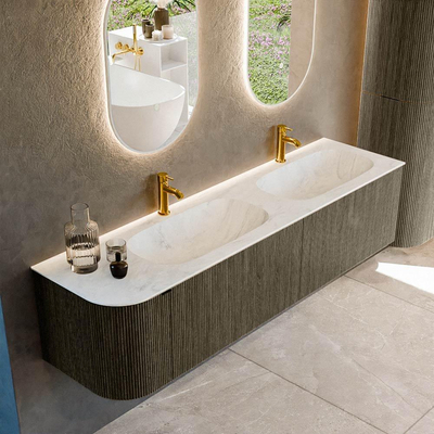 Ensemble de meuble de salle de bain Mondiaz KURVE-DLUX - 175x46x40cm - 2 tiroirs - 1 porte - lavabo en solid surface - double / droite - 2 trous de robinet - Shadow