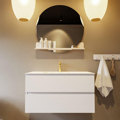 Mondiaz VICA-DLUX ensemble de meuble de salle de bain - 90cm - meuble sous-vasque talc - 2 tiroirs - lavabo encastré cloud milieu - 1 trou de robinet - miroir modèle spot - version XL 60cm haut - ostra