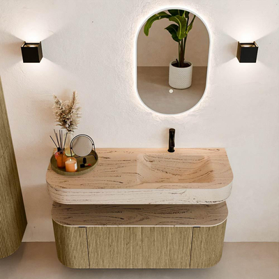 MONDIAZ THOR-DLUX 120cm meuble de salle de bains arrondi gauche + droite couleur Dusk avec 1 tiroir et 2 portes. Vasque suspendue CLOUD Droite 1 trou de robinet couleur Arena.