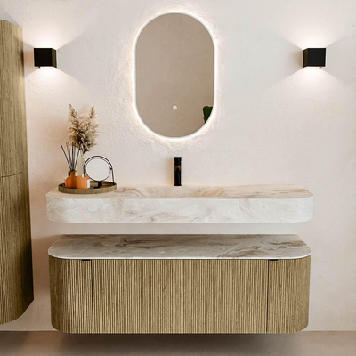 MONDIAZ THOR-DLUX Meuble de salle de bains 140cm arrondi gauche + droite couleur Dusk avec 1 tiroir et 2 portes. Vasque suspendue CLOUD Milieu 1 trou de robinet couleur Frappe.