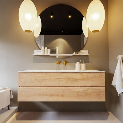 Mondiaz VICA-DLUX Ensemble de meuble de salle de bain - 150cm - meuble sous-vasque chêne blanchi - 2 tiroirs - lavabo encastré cloud milieu - sans trous de robinet - version haute de 60cm - glace