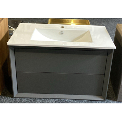 Saniclass Prime Core Wastafelonderkast - 80x55x45cm - 2 lades - push to open - MDF - mat greige (grijs) - incl. keramische wastafel wit - OUTLET UDEN