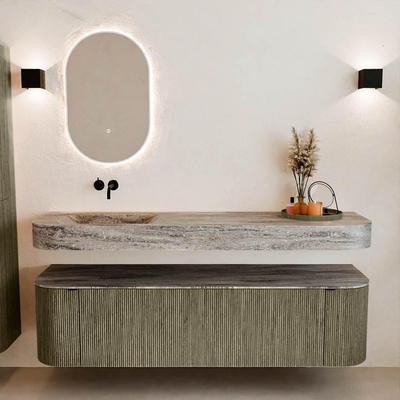 MONDIAZ THOR-DLUX 170cm badmeubel ronding links + rechts kleur Shadow met 1 lade en 2 deuren. Vrijhangende wastafel CLOUD Links zonder kraangat kleur Oza.