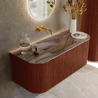 MONDIAZ KURVE-DLUX Meuble de salle de bains 110cm arrondi Gauche + Droite couleur Ruby avec 1 tiroir et 2 portes. Lavabo CLOUD Central sans trou de robinet Sombra.