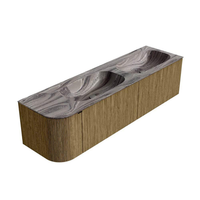 MONDIAZ KURVE-DLUX meuble de salle de bains 165cm arrondi à gauche couleur Dusk avec 2 tiroirs et 1 porte. Lavabo STOR SMALL Double / Droite sans trou de robinet Sombra.