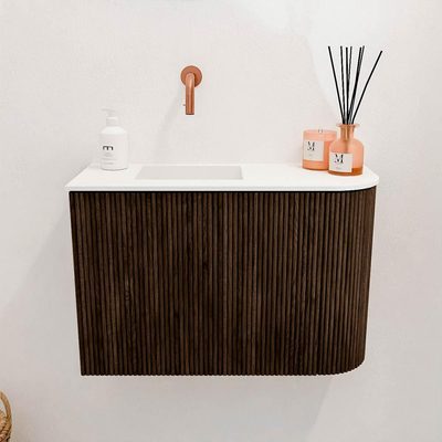 Mondiaz JOYA 61.6cm toiletmeubel - ronding rechts kleur Walnut - Wastafel FAYE positie Links Zonder kraangat kleur Talc.