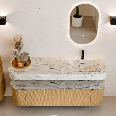 MONDIAZ THOR-DLUX 160cm badmeubel ronding links + rechts kleur Oak met 1 lade en 2 deuren. Vrijhangende wastafel CLOUD Rechts 1 kraangat kleur Glace.