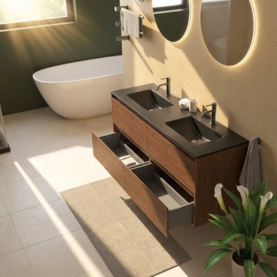 Saniclass Holz Pure Ensemble de meubles de salle de bains - 140x45x62cm - Vasque en céramique Vygo noire - 2 vasques - 2 trous de robinetterie - 4 tiroirs - walnut pure mat (bois)