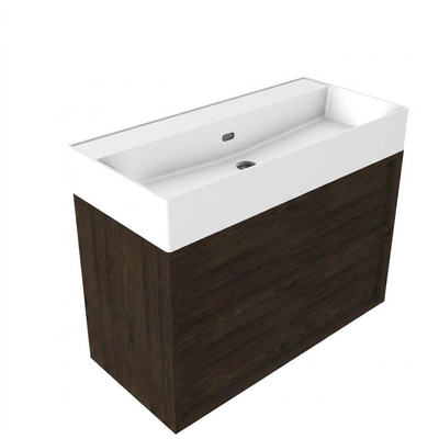 Saniclass Holz Frame Ensemble meuble de salle de bains - 100x45x72cm - Legend lavabo en céramique blanc mat - 1 vasque - sans trou de robinet - 2 tiroirs - chêne charcoal mat (bois)