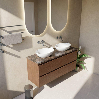 Saniclass Holz Pure Ensemble meuble de salle de bains - 140x45x63cm - Plan de travail en pierre naturelle Noche dark emperador - sans trou de robinet - 4 tiroirs - walnut pure mat (bois)