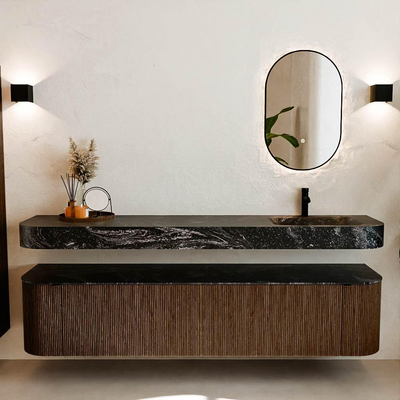 MONDIAZ THOR-DLUX 200cm meuble de salle de bains arrondi gauche + droite couleur Walnut avec 2 tiroirs et 2 portes. Vasque suspendue CLOUD droite 1 trou de robinet couleur Lava.