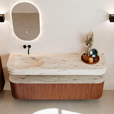 MONDIAZ THOR-DLUX Meuble de salle de bains 170cm arrondi gauche + droite couleur Ruby avec 1 tiroir et 2 portes. Vasque suspendue CLOUD Gauche sans trou de robinet couleur Nata.