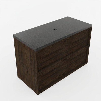 Saniclass Holz Frame Ensemble meuble de salle de bains - 100x45x63cm - Plan vasque en basalte Noche poli (noir) - sans trou de robinetterie - 2 tiroirs - chêne charcoal mat (bois)