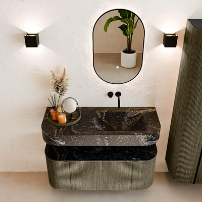 MONDIAZ THOR-DLUX 110cm meuble de salle de bains arrondi gauche + droite couleur Shadow avec 1 tiroir et 2 portes. Vasque suspendue CLOUD droite sans trou de robinet couleur Lava.