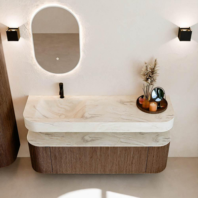 MONDIAZ THOR-DLUX 150cm badmeubel ronding links + rechts kleur Walnut met 1 lade en 2 deuren. Vrijhangende wastafel CLOUD Links 1 kraangat kleur Ostra.