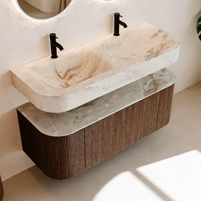 MONDIAZ THOR-DLUX Meuble de salle de bains 120cm arrondi gauche + droite couleur Walnut avec 1 tiroir et 2 portes. Vasque suspendue CLOUD Double 2 trous de robinet couleur Frappe.