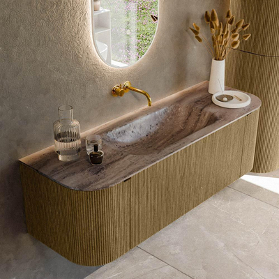 MONDIAZ KURVE-DLUX Meuble de salle de bains 140cm arrondi gauche + droite couleur Dusk avec 1 tiroir et 2 portes. Lavabo BIG SMALL Centre sans trou de robinet Oza.