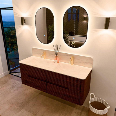 Mondiaz CIRO-DLUX Badkamermeubelset - 140x45x50cm - Solid surface wastafel Meli - 2 wasbak Dubbel - 2 kraangaten - 4 lades - Ruby