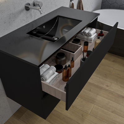 Adema Chaci Ensemble de meuble - 100x46x57cm - 1 vasque en céramique noire - sans trous de robinet - 2 tiroirs - armoire de toilette - noir mat