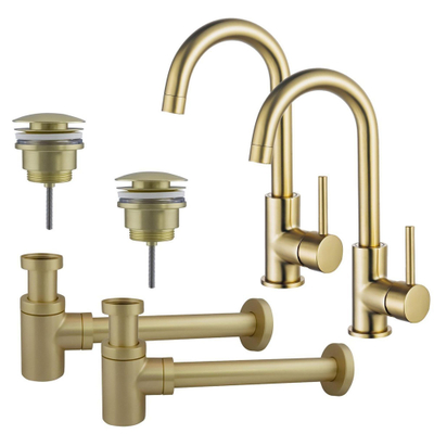 Fortifura Calvi Kit robinet lavabo - pour double vasque - robinet haut - bec rotatif - bonde clic clac - siphon design bas - Laiton brossé PVD