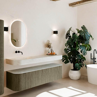 MONDIAZ THOR-DLUX 170cm meuble de salle de bains arrondi gauche + droite couleur Shadow avec 1 tiroir et 2 portes. Vasque suspendue CLOUD Gauche sans trou de robinet couleur Opalo.