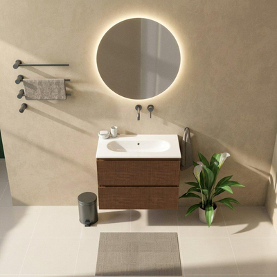 Saniclass Holz Atelier Ensemble meuble de salle de bains - 80x45x73.9cm - Lavabo Chaci en céramique blanc - 1 vasque - sans trou de robinet - 2 tiroirs - noyer pur mat (bois)