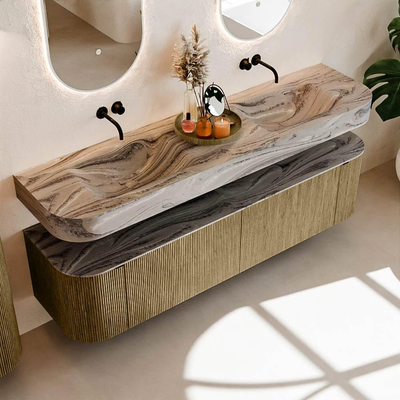 MONDIAZ THOR-DLUX 180cm meuble de salle de bains arrondi gauche + droite couleur Dusk avec 2 tiroirs et 2 portes. Vasque suspendue CLOUD Double sans trou de robinet couleur Sombra.