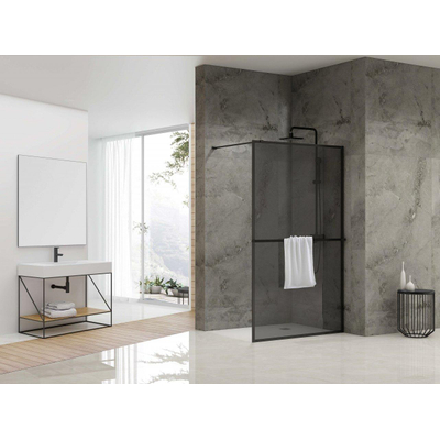 Van Rijn Products ST04 Vaste wand - 119.5x200cm - rookglas - dikte 8mm - incl. stabilisatiestang - incl. handdoekhouder - zwart mat