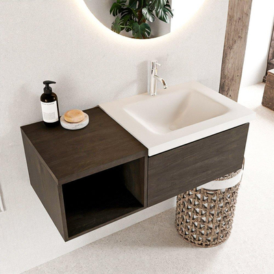 Mondiaz BUKLA Meuble de salle de bains 100 cm avec module ouvert 40 couleur Dark Brown avec 1 tiroir. Lavabo CLOUD à droite 1 trou de robinet couleur Talc.