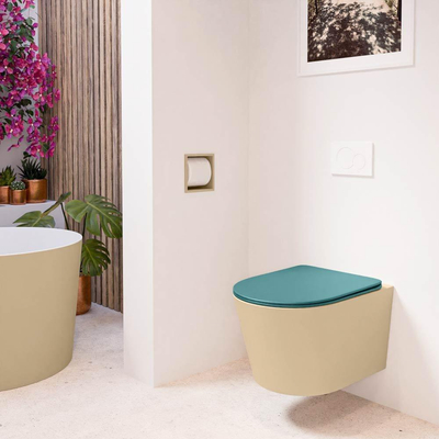 Mondiaz LAVIE hangtoilet – spoelrandloos – 36 x 53 cm – met softclose zitting – Sand (beige), zitting Smag (groen)