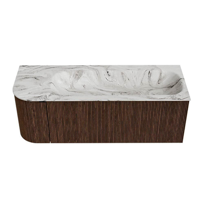 MONDIAZ KURVE-DLUX meuble de salle de bains 125 cm avec module 25 L couleur Walnut avec 1 tiroir et 1 porte. Lavabo BIG MEDIUM à droite 1 trou de robinet couleur Glace.