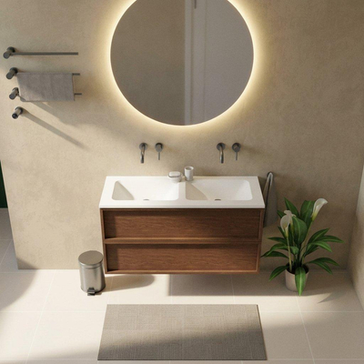 Saniclass Holz Frame Ensemble meuble de salle de bains - 120x45x77.5cm - lavabo Torino en solid surface blanc - sans trou de robinet - 2 tiroirs - walnut pure mat (bois)