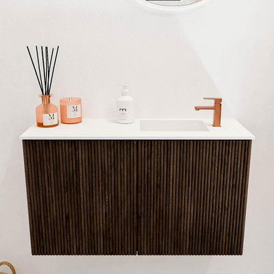 Mondiaz JOYA 70cm toiletmeubel - kleur Walnut - Wastafel FAYE positie Rechts 1 kraangat kleur Talc.