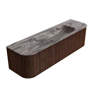 MONDIAZ KURVE-DLUX Meuble de salle de bains 160cm arrondi Gauche + Droite couleur Walnut avec 1 tiroir et 2 portes. Plan-vasque BIG MEDIUM Central 1 trou de robinet Sombra.